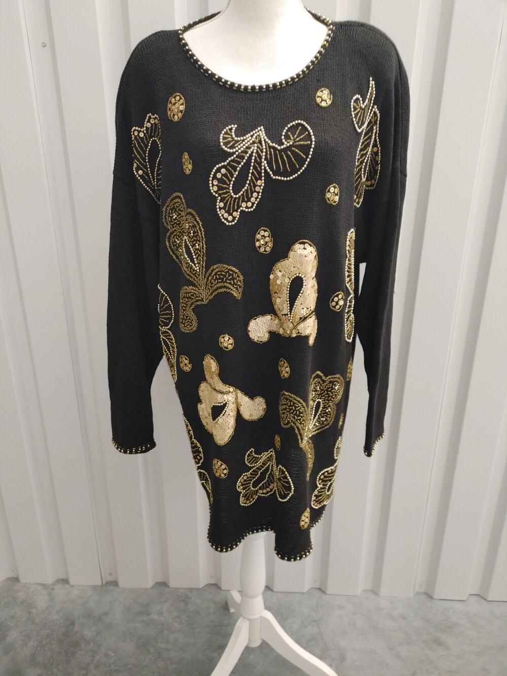 Vintage JK America 90s Sweater Sequin Embellished Black Gold Ramie 18/20